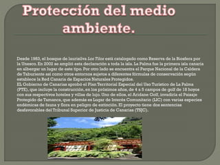 Desde 1983, el bosque de laurisilva Los Tilos está catalogado como Reserva de la Biosfera por
la Unesco. En 2002 se amplió esta declaración a toda la isla. La Palma fue la primera isla canaria
en albergar un lugar de este tipo. Por otro lado se encuentra el Parque Nacional de la Caldera
de Taburiente así como otros entornos sujetos a diferentes fórmulas de conservación según
establece la Red Canaria de Espacios Naturales Protegidos.
EL Gobierno de Canarias aprobó el Plan Territorial Especial del Uso Turístico de La Palma
(PTE), que incluye la construcción,en los próximos años, de 4 a 5 campos de golf de 18 hoyos
con sus respectivos hoteles y villas de lujo. Uno de ellos, el Aridane Golf, invadiría el Paisaje
Protegido de Tamanca,que además es Lugar de Interés Comunitario (LIC) con varias especies
endémicas de fauna y flora en peligro de extinción. El proyecto tiene dos sentencias
desfavorables del Tribunal Superior de Justicia de Canarias (TSJC).
 