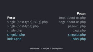 @cwpnolen @emagineusa#wcjax
Posts
single-{post-type}-{slug}.php
single-{post-type}.php
single.php
singular.php
index.php
Pages
tmpl-about-us.php
page-about-us.php
page-28.php
page.php
singular.php
index.php
 