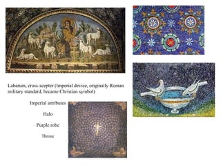Labarum, cross-scepter (Imperial device, originally Roman military standard, became Christian symbol) Imperial attributes Halo Purple robe Throne 