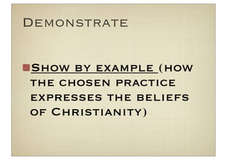 Demonstrate

Show by example (how
the chosen practice
expresses the beliefs
of Christianity)
 