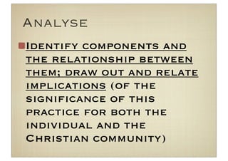 Analyse
Identify components and
the relationship between
them; draw out and relate
implications (of the
signiﬁcance of this
practice for both the
individual and the
Christian community)
 