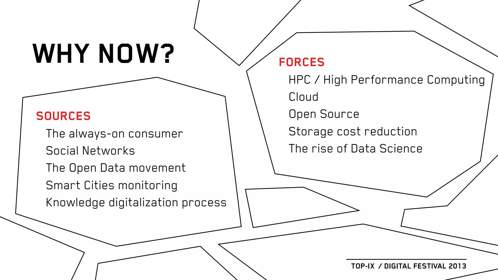 WHY NOW?
TOP-IX / DIGITAL FESTIVAL 2013
FORCES
HPC / High Performance Computing
Cloud
Open Source
Storage cost reduction
The rise of Data Science
SOURCES
The always-on consumer
Social Networks
The Open Data movement
Smart Cities monitoring
Knowledge digitalization process
 