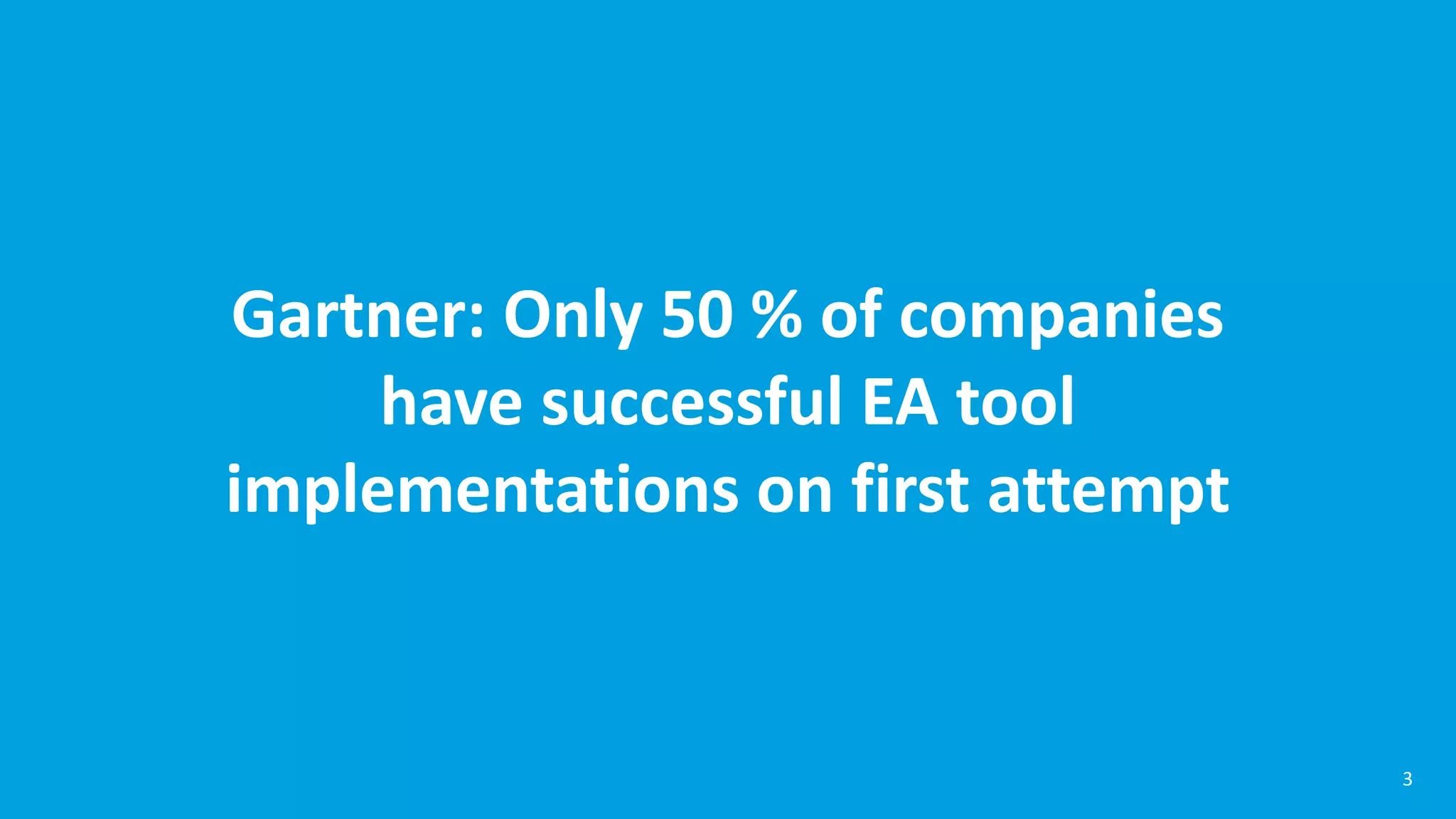 Gartner: Only 50 % of companies
have successful EA tool
implementations on first attempt
3
 