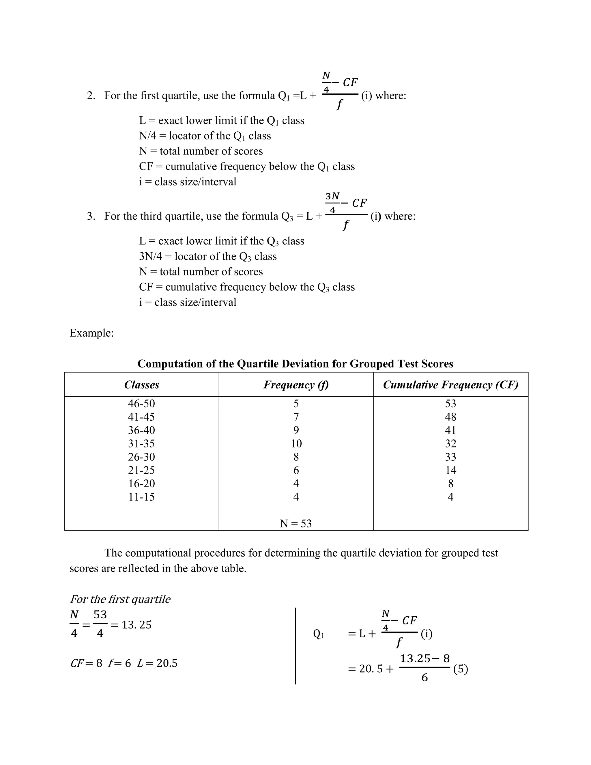 2. For the first quartile, use the formula Q1 =L +

(i) where:

L = exact lower limit if the Q1 class
N/4 = locator of the Q1 class
N = total number of scores
CF = cumulative frequency below the Q1 class
i = class size/interval
3. For the third quartile, use the formula Q3 = L +

(i) where:

L = exact lower limit if the Q3 class
3N/4 = locator of the Q3 class
N = total number of scores
CF = cumulative frequency below the Q3 class
i = class size/interval
Example:
Computation of the Quartile Deviation for Grouped Test Scores
Classes

Frequency (f)

Cumulative Frequency (CF)

46-50
41-45
36-40
31-35
26-30
21-25
16-20
11-15

5
7
9
10
8
6
4
4

53
48
41
32
33
14
8
4

N = 53
The computational procedures for determining the quartile deviation for grouped test
scores are reflected in the above table.

For the first quartile
=

= 13. 25

CF = 8 f = 6 L = 20.5

Q1

=L+
= 20. 5 +

(i)
(5)

 