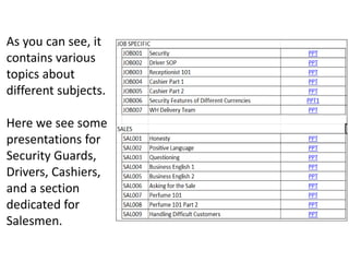 As you can see, it
contains various
topics about
different subjects.
Here we see some
presentations for
Security Guards,
Drivers, Cashiers,
and a section
dedicated for
Salesmen.
