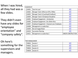 When I was hired,
all they had was a
few slides.
They didn’t even
have any slides for
“employee
orientation” and
“company safety”.
Oh here’s
something for the
supervisors and
managers.