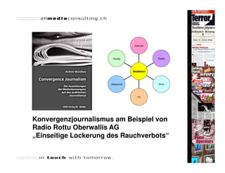 Internet




                       Handy                    Radio




                                    Redaktion




                      Zeitschrift               Print




                                       TV




Konvergenzjournalismus am Beispiel von
Radio Rottu Oberwallis AG
„Einseitige Lockerung des Rauchverbots“
 