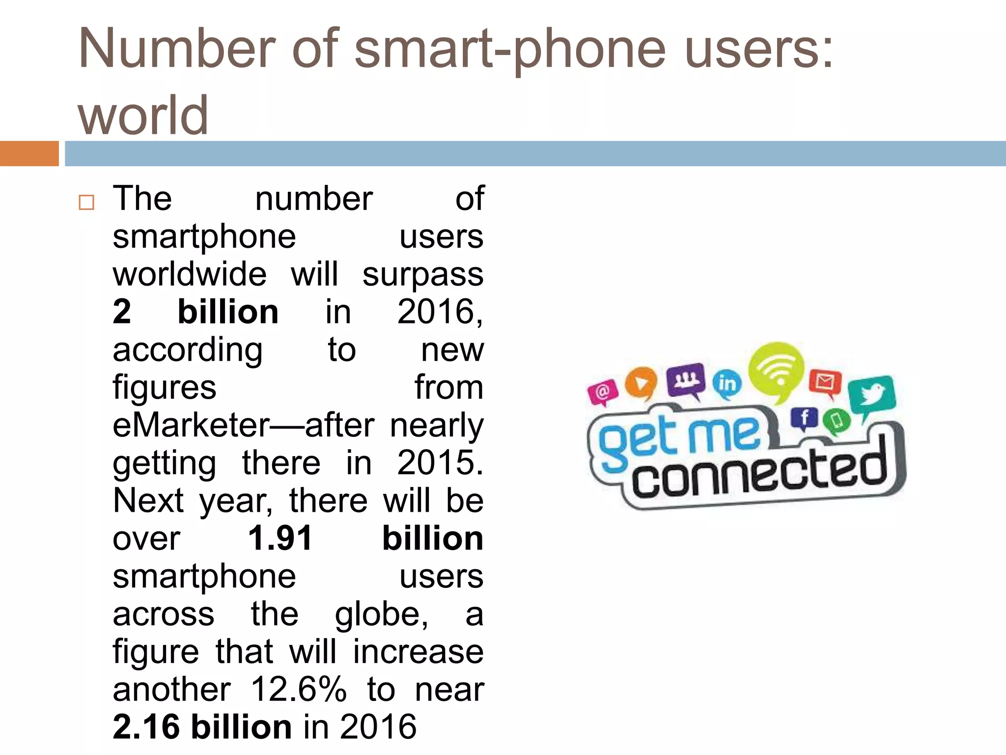 Number of smart-phone users:
world
The number of
smartphone users
worldwide will surpass
2 billion in 2016,
according to new
figures from
eMarketer—after nearly
getting there in 2015.
Next year, there will be
over 1.91 billion
smartphone users
across the globe, a
figure that will increase
another 12.6% to near
2.16 billion in 2016