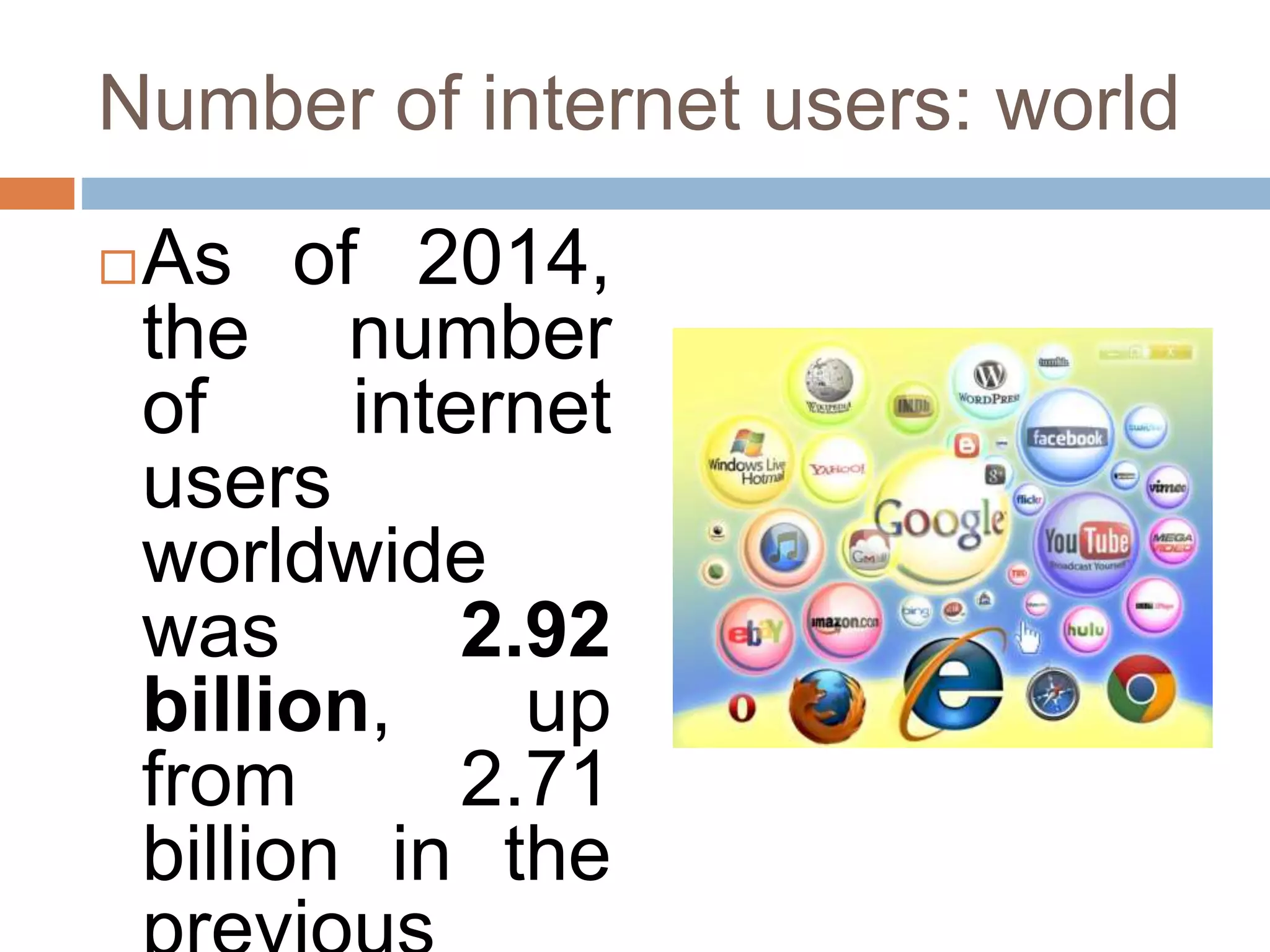 Number of internet users: world
As of 2014,
the number
of internet
users
worldwide
was 2.92
billion, up
from 2.71
billion in the