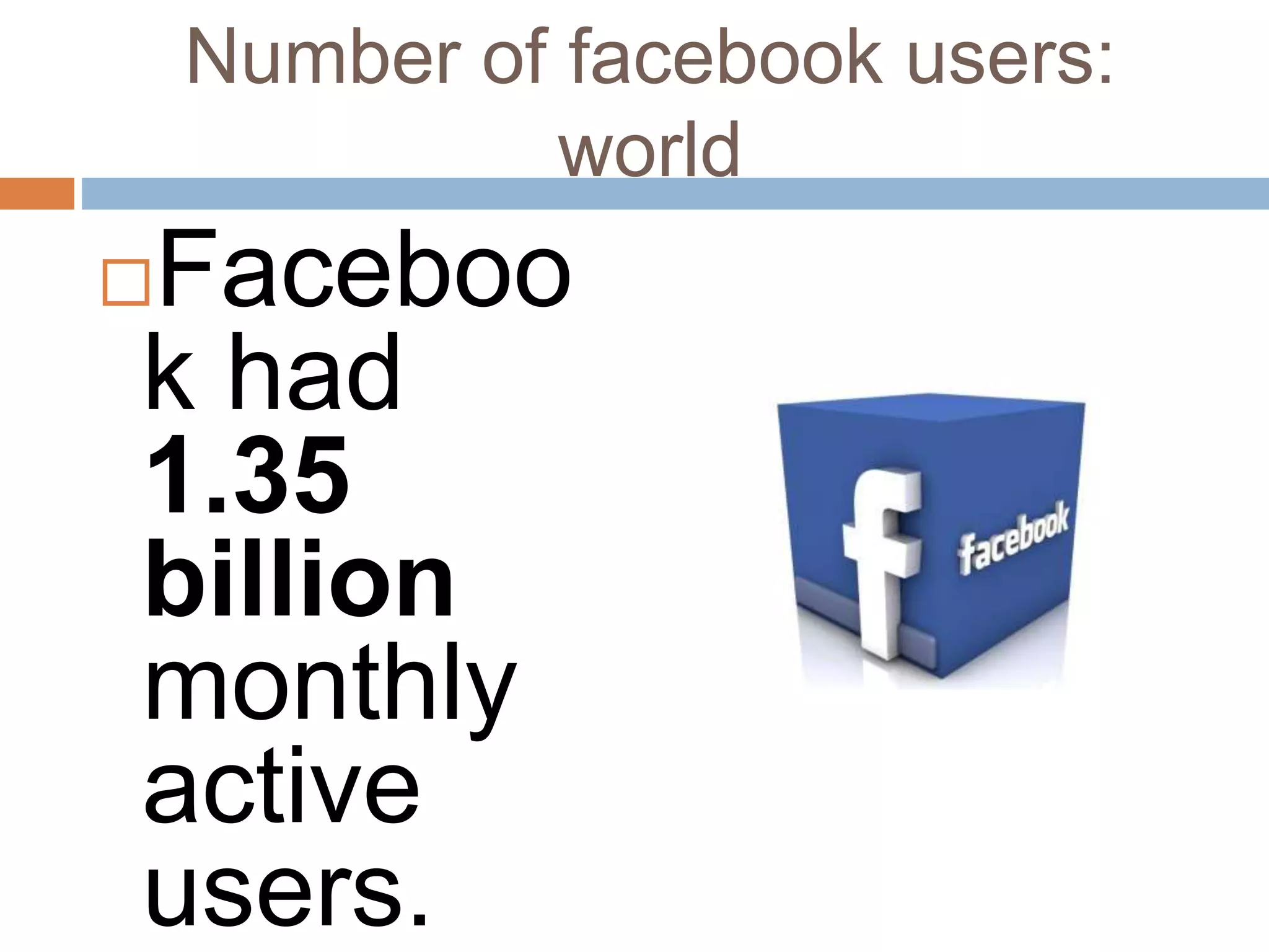 Number of facebook users:
world
Faceboo
k had
1.35
billion
monthly
active
users.