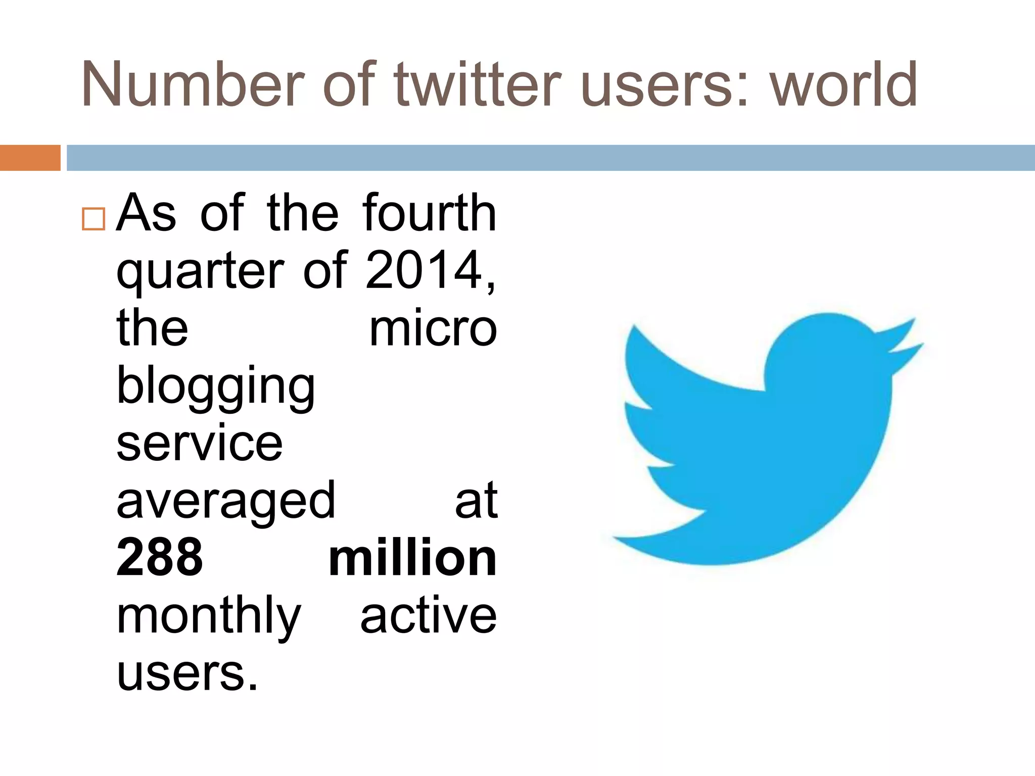 Number of twitter users: world
As of the fourth
quarter of 2014,
the micro
blogging
service
averaged at
288 million
monthly active
users.
