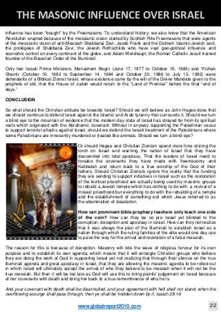 Blackberry Under the Spotlight 
D
INTELLIGENT CORPORATE DESIGN ‐ PART 1
www.globalreport2010.com 11
D
THE GREAT WHORE ‐ MYSTERY BABYLON 
influence has been “bought” by the Freemasons. To understand history, we also know that the American
Revolution erupted because of the messianic vision started by Scottish Rite Freemasons that were agents
of the messianic vision of anti-Messiah Shabbatai Zevi; Jacob Frank and the Dolmeh Islamic-Jewish sect,
the protégées of Shabbatai Zevi, the Jewish Rothschilds who have vast geo-political influence and
economic control on every continent of the globe, and Adam Weishaupt, the Roman Catholic Jesuit trained
founder of the Bavarian Order of the Illuminati.
Only two Israeli Prime Ministers, Menachem Begin (June 17, 1977 to October 10, 1983) and Yitzhak
Shamir (October 10, 1983 to September 14, 1984 and October 20, 1986 to July 13, 1992) were
defendants of a Biblical Zionist Israel, whose existence came by the will of the Divine Mandate given to the
prophets of old, that the House of Judah would return to the “Land of Promise” before the final “end of
days.”
CONCLUSION
So what should the Christian attitude be towards Israel? Should we still believe as John Hagee does that
we should continue to defend Israel against the Islamic and Arab tyranny that surrounds it. Should we turn
a blind eye to the mountain of evidence that the modern day state of Israel has strayed far from its spiritual
roots which originated with the Abrahamic covenant. Without in anyway supporting the Palestinian cause
to support terrorist attacks against Israel, should we defend the Israeli treatment of the Palestinians where
some Palestinians are innocently murdered or treated like animals. Should we turn a blind eye?
Or should Hagee and Christian Zionism spend more time shining the
torch on Israel and warning the nation of Israel that they have
descended into total apostasy. That the leaders of Israel need to
forsake the covenants they have made with freemasonry and
Kabbalah and return back to a true worship of the God of their
fathers. Should Christian Zionists ignore the reality that the funding
they are sending to support initiatives in Israel such as the restoration
of the levitical priesthood are actually being used by masonic groups
to rebuild a Jewish temple which has nothing to do with a revival of a
mosaic priesthood but everything to do with the rebuilding of a temple
and the establishment of something evil which Jesus referred to as
the abomination of desolation.
How can prominent bible prophecy teachers only teach one side
of the coin? How can they be so pro Israel yet blinded to the
corruption, deception and apostasy in Israel. How can they not realize
that it was always the plan of the Illuminati to establish Israel as a
nation through which the ruling families of the elite would one day use
to pave the way for the arrival and revelation of a false messiah.
The reason for this is because of deception. Masonry will ride the wave of religious fervour for its own
purpose and to establish its own agenda, which means that it will entangle Christian groups who believe
they are doing the work of God in supporting Israel yet not realizing that through their silence on the true
illuminati agenda and great apostasy in Israel, that they are allowing the masonic agenda to be rolled out
in which Israel will ultimately accept the arrival of who they believe to be messiah when it will not be the
true messiah. But then it will be too late as God will use this to bring painful judgement on Israel because
of her covenants with death and bring her back to a true remembrance of who he is.
And your covenant with death shall be disannulled, and your agreement with hell shall not stand; when the
overflowing scourge shall pass through, then ye shall be trodden down by it. Isaiah 28:18
D
THE MASONIC INFLUENCE OVER ISRAEL 
www.globalreport2010.com 22
 
