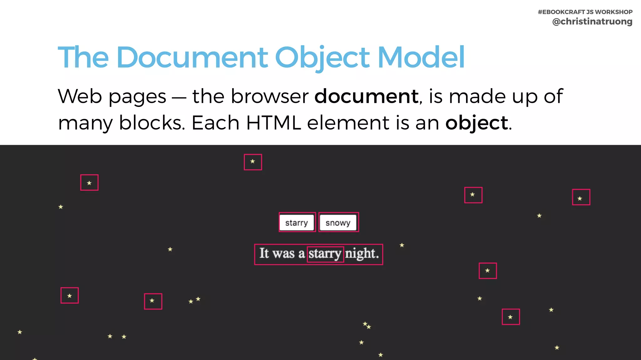 #EBOOKCRAFT JS WORKSHOP 
@christinatruong
The Document Object Model
Web pages — the browser document, is made up of
many blocks. Each HTML element is an object.
 