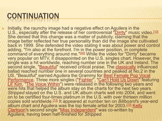 CONTINUATION
   Initially, the raunchy image had a negative effect on Aguilera in the
    U.S., especially after the release of her controversial "Dirrty" music video.[10]
    She denied that this change was a matter of publicity, claiming that the
    image better reflected her true personality than did the image she cultivated
    back in 1999. She defended the video stating it was about power and control
    adding, "I'm also at the forefront. I'm in the power position, in complete
    command of everything around me."[40] While the video for "Dirrty" became
    very popular on MTV, it disappointed on the U.S. singles chart. However, the
    single was a hit worldwide, reaching number one in the UK and Ireland. The
    second single, "Beautiful" received critical praise. The classically influenced
    ballad reached number one in several countries and peaked at No.2 in the
    US. "Beautiful" earned Aguilera the Grammy for Best Female Pop Vocal
    Performance. Three more singles ("Fighter", "Can't Hold Us Down" featuring
    Lil' Kim, "The Voice Within") were released in the following two years and
    were hits that helped the album stay on the charts for the next two years.
    Stripped stayed on the U.S. and UK album charts well into 2004, and went
    on to be certified four-times platinum in the U.S. with over thirteen million
    copies sold worldwide.[72] It appeared at number ten on Billboard's year-end
    album chart and Aguilera was the top female artist for 2003.[73] Kelly
    Clarkson's second single "Miss Independent" was co-written by
    Aguilera, having been half-finished for Stripped.
 