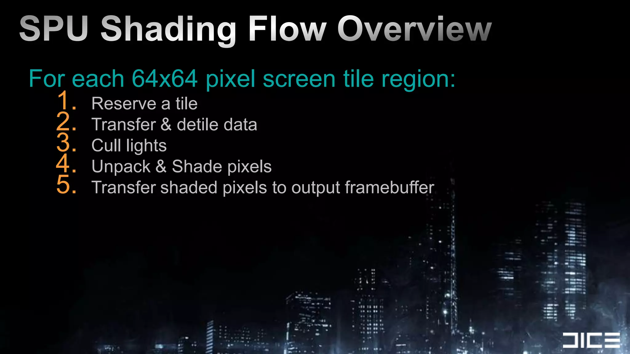 SPU Shading Flow OverviewFor each 64x64 pixel screen tile region:Reserve a tileTransfer & detile dataCull lightsUnpack & Shade pixelsTransfer shaded pixels to output framebuffer