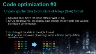 Unpack gbuffer data to Structure of Arrays (SoA) format<br />Obvious must-have for those familiar with SPUs.<br />SPUs are...