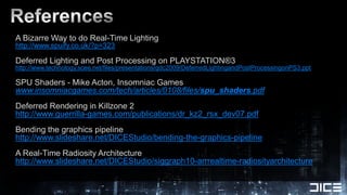 References<br />A Bizarre Way to do Real-Time Lighting<br />http://www.spuify.co.uk/?p=323<br />Deferred Lighting and Post...