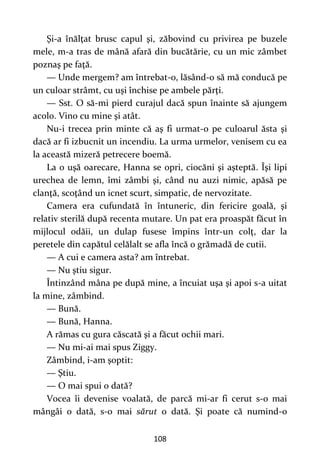 108
Şi-a înălţat brusc capul şi, zăbovind cu privirea pe buzele
mele, m-a tras de mână afară din bucătărie, cu un mic zâmbet
poznaş pe faţă.
— Unde mergem? am întrebat-o, lăsând-o să mă conducă pe
un culoar strâmt, cu uşi închise pe ambele părţi.
— Sst. O să-mi pierd curajul dacă spun înainte să ajungem
acolo. Vino cu mine şi atât.
Nu-i trecea prin minte că aş fi urmat-o pe culoarul ăsta şi
dacă ar fi izbucnit un incendiu. La urma urmelor, venisem cu ea
la această mizeră petrecere boemă.
La o uşă oarecare, Hanna se opri, ciocăni şi aşteptă. Îşi lipi
urechea de lemn, îmi zâmbi şi, când nu auzi nimic, apăsă pe
clanţă, scoţând un icnet scurt, simpatic, de nervozitate.
Camera era cufundată în întuneric, din fericire goală, şi
relativ sterilă după recenta mutare. Un pat era proaspăt făcut în
mijlocul odăii, un dulap fusese împins într-un colţ, dar la
peretele din capătul celălalt se afla încă o grămadă de cutii.
— A cui e camera asta? am întrebat.
— Nu ştiu sigur.
Întinzând mâna pe după mine, a încuiat uşa şi apoi s-a uitat
la mine, zâmbind.
— Bună.
— Bună, Hanna.
A rămas cu gura căscată şi a făcut ochii mari.
— Nu mi-ai mai spus Ziggy.
Zâmbind, i-am şoptit:
— Ştiu.
— O mai spui o dată?
Vocea îi devenise voalată, de parcă mi-ar fi cerut s-o mai
mângâi o dată, s-o mai sărut o dată. Şi poate că numind-o
 