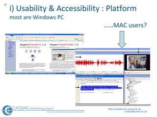i) Usability & Accessibility : Platform most are Windows PC    …… MAC users? http://caqdas.soc.surrey.ac.uk 