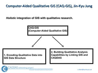 Computer-Aided Qualitative GIS (CAQ-GIS), Jin-Kyu Jung Holistic  integration of GIS with qualitative research.  CAQ-GIS (Computer-Aided Qualitative GIS) 1. Encoding Qualitative Data into GIS Data Structure 2. Building Qualitative Analysis Capabilities by Linking GIS and CAQDAS 