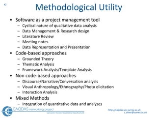 Methodological Utility Software as a project management tool Cyclical nature of qualitative data analysis Data Management & Research design Literature Review Meeting notes Data Representation and Presentation Code-based approaches Grounded Theory Thematic Analysis Framework Analysis/Template Analysis Non code-based approaches Discourse/Narrative/Conversation analysis Visual Anthropology/Ethnography/Photo elicitation Interaction Analysis Mixed Methods Integration of quantitative data and analyses http://caqdas.soc.surrey.ac.uk 