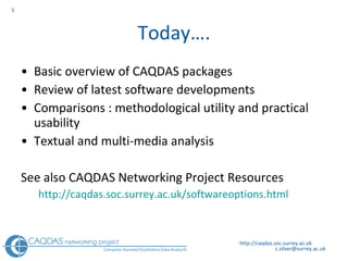 Today…. Basic overview of CAQDAS packages Review of latest software developments Comparisons : methodological utility and practical usability Textual and multi-media analysis See also CAQDAS Networking Project Resources http:// caqdas.soc.surrey.ac.uk/softwareoptions.html   http://caqdas.soc.surrey.ac.uk 