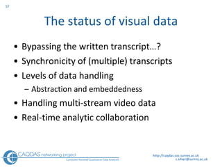 The status of visual data Bypassing the written transcript…? Synchronicity of (multiple) transcripts  Levels of data handling Abstraction and embeddedness Handling multi-stream video data Real-time analytic collaboration http://caqdas.soc.surrey.ac.uk 
