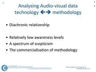 Analysing Audio-visual data technology    methodology Diachronic relationship Relatively low awareness levels A spectrum of scepticism The commercialisation of methodology http://caqdas.soc.surrey.ac.uk   