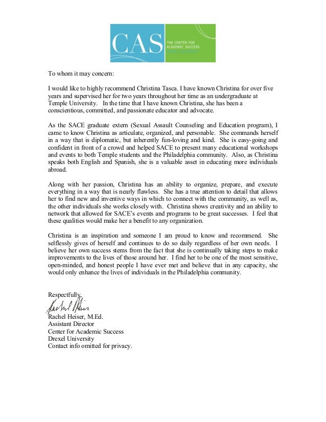 christina tasca recommendation letter drexel letter of recommendation