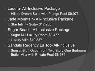 Ladera- All-Inclusive Package
Hilltop Dream Suite with Plunge Pool-$9,973
Jade Mountain- All-Inclusive Package
Star Infinity Suite- $12,200
Sugar Beach- All-Inclusive Package
Sugar Mill Luxury Room-$8,477
Luxury Villa-$10,837
Sandals Regency La Toc- All-Inclusive
Sunset Bluff Oceanfront Two Story One Bedroom
Butler Villa with Private Pool-$8,974
 
