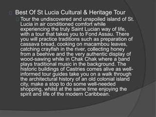 Best Of St Lucia Cultural & Heritage Tour
Tour the undiscovered and unspoiled island of St.
Lucia in air conditioned comfort while
experiencing the truly Saint Lucian way of life,
with a tour that takes you to Fond Assau. There
you will practice traditions such as preparation of
cassava bread, cooking on macambou leaves,
catching crayfish in the river, collecting honey
from a beehive and the very authentic display of
wood-sawing while in Chak Chak where a band
plays traditional music in the background. The
historic buildings of Castries comes alive as well-
informed tour guides take you on a walk through
the architectural history of an old colonial island
city, make a stop to do some well-needed
shopping, whilst at the same time enjoying the
spirit and life of the modern Caribbean.
 