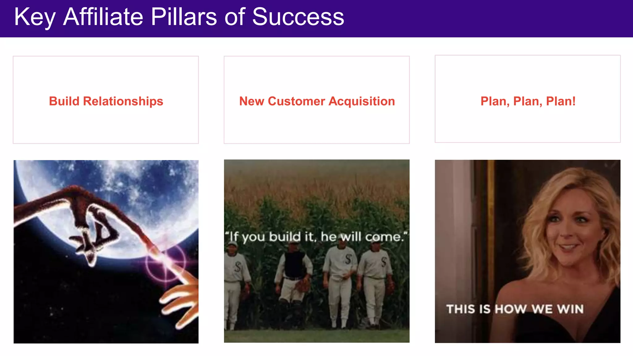 Key Affiliate Pillars of Success
Build Relationships New Customer Acquisition Plan, Plan, Plan!
 