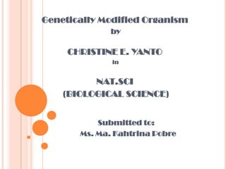 Genetically Modified Organism  by  CHRISTINE E. YANTO  in NAT.SCI  (BIOLOGICAL SCIENCE) Submitted to:   Ms. Ma. Kahtrina Pobre 