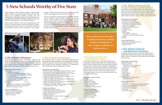 5 New Schools Worthy of Five Stars                                                                                                                                                                          ★ The School of Liberal Arts
                                                                                                                                                                                                              Lorem ipsum dolor sit amet, consectetuer adipiscing elit.
                                                                                                                                                                                                              Suspendisse tincidunt aliquet tellus. Fusce feugiat ipsum in
                                                                                                                                                                                                              turpis. Aenean sit amet justo sit amet enim tempor tincidunt.
Mercy College is a private college providing a valuable, high             progress, find the best classes to fit their requirements and                                                                       Duis non enim. Morbi est purus, volutpat eu, blandit sed,
quality education. Our faculty is composed of award winning               interests, and engage with consistently relevant classes.                                                                           condimentum vitae, dolor. Sed consequat. Nullam nibh nisi,
authors and Fulbright Scholars teaching over 90                                                                                                                                                               ultricies vitae, porttitor a, varius ut, libero. Suspendisse metus.
undergraduate and graduate programs that are attentive to the             The new structure also ensures that the curriculum remains
changing needs of students. The newest change to benefit our              relevant through a more efficient process of review and
                                                                          renewal. Mercy College also provides programs centered                                                                              Undergraduate Majors/Programs:
students is the adoption of a schools-based structure.                                                                                                                                                        • Computer Arts and Design
                                                                          around career services and career advising to help students                                                                         • Music Industry and Technology
Eight academic divisions have been reorganized into five                  understand what types of skills and knowledge are needed for                                                                        • Information Assurance and Security*
schools as of this fall semester, a decision that offers a number         the careers that interest them most. Mercy College wants all                                                                           -stand alone BS and dual BS/MS degree
of advantages and enhancements to our students. Benefits of               students to thrive academically, create and meet goals, and                                                                         • Information Technology
this structure include: ease for students to track degree                 succeed in their futures.                                                                                                           • Computer Information Systems*
                                                                                                                                                                                                              • Mathematics*
                                                                                                                                                                                                              • Computer Science*
                                                                                                                                                                                                              • English*
                                                                                                                                                                                                              • Media Studies
                                                                                                                                                                                                                 -specializations in Film/Culture,
                                                                                                                                                                                                                  Journalism, Radio and Television Production
                                                                                                                                                  “The schools-based structure offers                         • History*
                                                                                                                                                                                                              • Spanish
                                                                                                                                                   an optimal structure for continuing                        Graduate Major/Programs:
                                                                                                                                                                                                              • Information Assurance and Security*
                                                                                                                                                         to build on the hallmarks of                         • Internet Business Systems*
                                                                                                                                                                                                              • English Literature*
                                                                                                                                                      Mercy College: accessibility and
                                                                                                                                                               positive outcomes.”                            ★ The School of Social
                                                                                                                                                                                                                  and Behavioral Sciences
                                                                                                                                                                                                              Lorem ipsum dolor sit amet, consectetuer adipiscing elit.
                                                                                                                                                                                                              Suspendisse tincidunt aliquet tellus. Fusce feugiat ipsum in
                                                                                                                                                                                                              turpis. Aenean sit amet justo sit amet enim tempor tincidunt.
★ The School of Business                                               ★ The School of Education                                              ★The School of Health                                           Duis non enim.
Lorem ipsum dolor sit amet, consectetuer adipiscing elit.              Lorem ipsum dolor sit amet, consectetuer adipiscing elit.                 and Natural Sciences
Suspendisse tincidunt aliquet tellus. Fusce feugiat ipsum in turpis.   Suspendisse tincidunt aliquet tellus. Fusce feugiat ipsum in turpis.   Lorem ipsum dolor sit amet, consectetuer adipiscing elit.       Undergraduate Majors/Programs:
Aenean sit amet justo sit amet enim tempor tincidunt. Duis non         Aenean sit amet justo sit amet enim tempor tincidunt. Duis non         Suspendisse tincidunt aliquet tellus. Fusce feugiat ipsum in    • Behavioral Science*
enim. Morbi est purus, volutpat eu, blandit sed, condimentum           enim. Morbi est purus, volutpat eu, blandit sed, condimentum           turpis. Aenean sit amet justo sit amet enim tempor tincidunt.   • Behavioral Science*
                                                                                                                                              Duis non enim. Morbi est purus, volutpat eu, blandit sed,          -specializations in Community Health,
vitae, dolor. Sed consequat. Nullam nibh nisi, ultricies vitae,        vitae djs diojscijaio ndiuja niudhaiujiuvcas uiniun
                                                                                                                                                                                                                  Health Services Management
                                                                                                                                              condimentum vitae, dolor. Sed consequat. Nullam nibh nisi,      • Gerontology
Undergraduate Majors/Programs:                                         Undergraduate Majors/Programs:                                         psum in turpis. Aenean sit amet justo sit amet enim tempor      • Psychology*
• Accounting                                                           • Behavioral Science and Childhood Education, Birth – Grade 2          tincidunt. Duis non enim. Morbi est pur psum in turpis.         • Sociology*
• Management Accounting                                                • Behavioral Science and Childhood Education, Grades 1-6               Aenean sit amet justo sit amet enim tempor tincidunt. Duis      • Social Work
  -specialization in Computers & Information Systems                   • Psychology and Early Childhood Education, Birth – Grade 2            non enim. Morbi est pur                                         • Criminal Justice*
• Public Accounting: Combined BS/MS Accounting                         • Psychology and Childhood Education Grades 1-6                                                                                        • Legal Studies
• General Accounting                                                   • Biology and Middle Childhood Education, Grades 5-9 and                                                                               • Legal Studies
  -specialization in Computers & Information Systems,                     Adolescence Education, Grades 7-12                                  Undergraduate Majors/Programs:                                    -specializations in Paralegal Studies
   Financial Accounting and Taxation                                   • English and Middle Childhood Education, Grades 5-9 and               • Biology                                                           and Political Science
• Organizational Management*                                              Adolescence Education, Grades 7-12                                  • Health Sciences
• Business*                                                            • History and Middle Childhood Education, Grades 5-9 and               • Medical Technology                                            Graduate Major/Programs:
• Business*                                                               Adolescence Education, Grades 7-12                                  • Veterinary Technology                                         • Counseling*
  -specializations in Management, Marketing, Finance,                  • Mathematics and Middle Childhood Education, Grades 5-9               • Communication Disorders                                       • Counseling with certification in School Counseling*
   International Business and Sports Management                           and Adolescence Education, Grades 7-12                              • Nursing (RN to BS)*                                           • Health Services Management (MS and MPA)*
   Corporate and Homeland Security                                                                                                            • Occupational Therapy Assistant                                • Marriage and Family Therapy
                                                                       Graduate Major/Programs:                                                                                                               • Mental Health Counseling
Graduate Major/Programs:                                               • Childhood Education, Grade 1-6                                       Graduate Major/Programs:                                        • Psychology
• Business Administration(MBA)*                                        • Early Childhood Education, Birth-Grade 2                             • Communication Disorders                                       • School Psychology
• Human Resource Management*                                           • Middle Childhood Education, Grades 5-9                               • Nursing- Administration*
• Organizational Leadership*                                           • Adolescence Education, 7-12                                          • Nursing - Education*
• Public Accounting                                                    • Bilingual Education                                                  • Occupational Therapy
                                                                       • Teaching English to Speakers of Other Languages                      • Physical Therapy (DPT)
                                                                       • Teaching Literacy                                                    • Physician Assistant
                                                                       • School Building Leadership
                                                                                                                                                                                                                                             ★★★★★ www.mercy.edu
 
