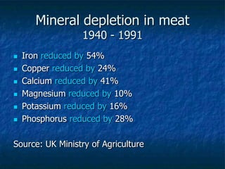 Mineral depletion in meat
1940 - 1991
 Iron reduced by 54%
 Copper reduced by 24%
 Calcium reduced by 41%
 Magnesium reduced by 10%
 Potassium reduced by 16%
 Phosphorus reduced by 28%
Source: UK Ministry of Agriculture
 