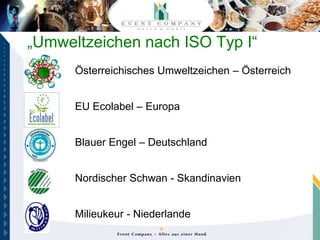 „Umweltzeichen nach ISO Typ I“
      Österreichisches Umweltzeichen – Österreich


      EU Ecolabel – Europa


      Blauer Engel – Deutschland


      Nordischer Schwan - Skandinavien


      Milieukeur - Niederlande
 