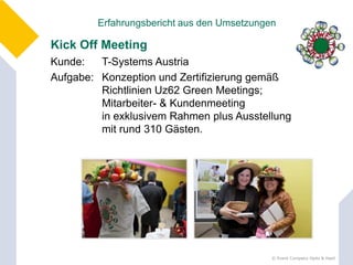 Erfahrungsbericht aus den Umsetzungen

Kick Off Meeting
Kunde:   T-Systems Austria
Aufgabe: Konzeption und Zertifizierung gemäß
         Richtlinien Uz62 Green Meetings;
         Mitarbeiter- & Kundenmeeting
         in exklusivem Rahmen plus Ausstellung
         mit rund 310 Gästen.




                                             © Event Company Opitz & Hasil
 