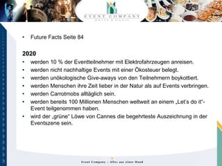 •   Future Facts Seite 84


2020
•   werden 10 % der Eventteilnehmer mit Elektrofahrzeugen anreisen.
•   werden nicht nachhaltige Events mit einer Ökosteuer belegt.
•   werden unökologische Give-aways von den Teilnehmern boykottiert.
•   werden Menschen ihre Zeit lieber in der Natur als auf Events verbringen.
•   werden Carrotmobs alltäglich sein.
•   werden bereits 100 Millionen Menschen weltweit an einem „Let’s do it“-
    Event teilgenommen haben.
•   wird der „grüne“ Löwe von Cannes die begehrteste Auszeichnung in der
    Eventszene sein.
 