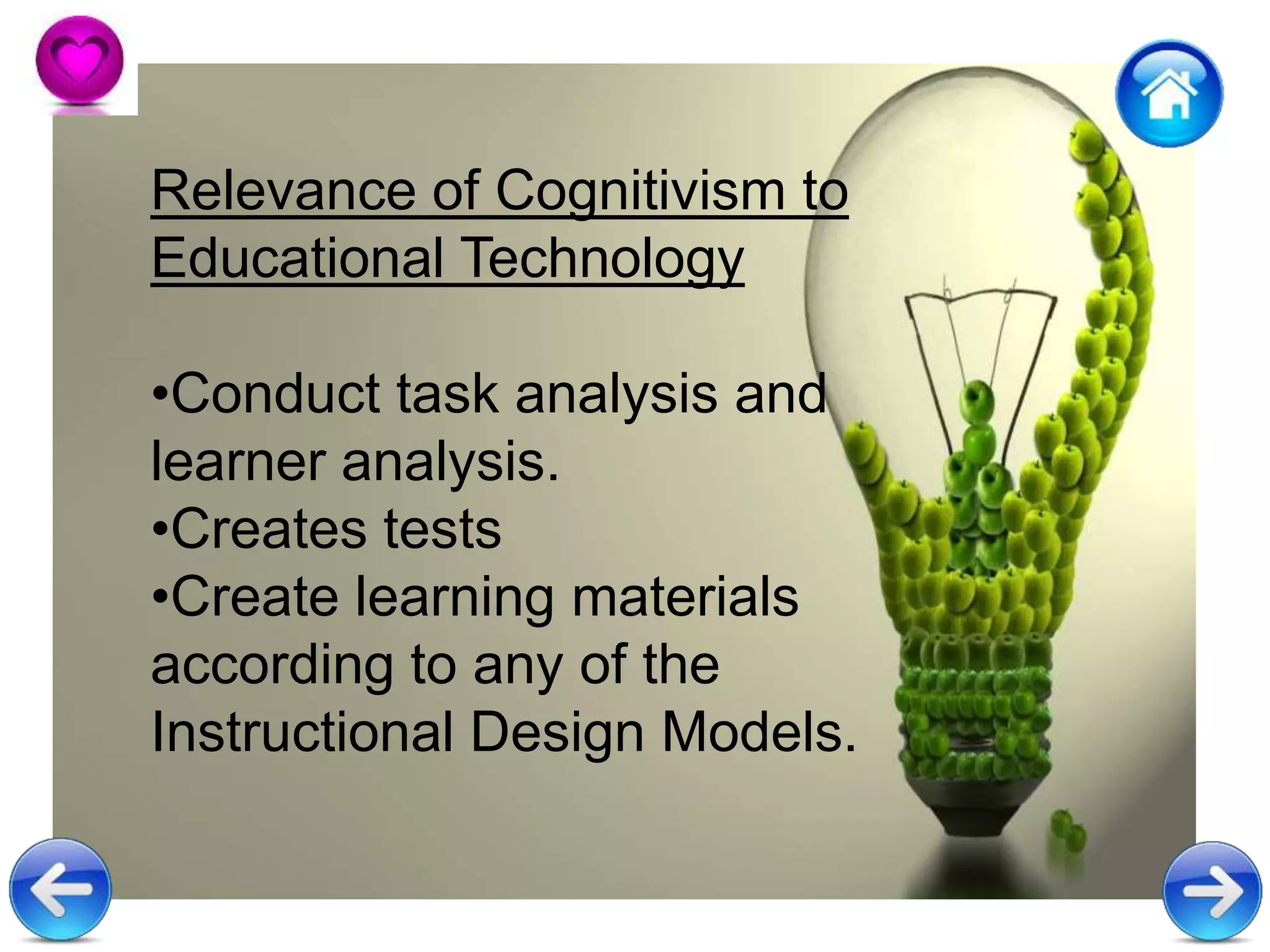 Relevance of Cognitivism to
Educational Technology
•Conduct task analysis and
learner analysis.
•Creates tests
•Create learning materials
according to any of the
Instructional Design Models.
 