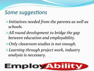 Some	
  sugges)ons	
  
Ø Initiatives	
  needed	
  from	
  the	
  parents	
  as	
  well	
  as	
  
schools.	
  
Ø All	
  round	
  development	
  to	
  bridge	
  the	
  gap	
  
between	
  education	
  and	
  employability.	
  
Ø Only	
  classroom	
  studies	
  is	
  not	
  enough.	
  
Ø Learning	
  through	
  project	
  work,	
  industry	
  
analysis	
  is	
  necessary.	
  
 