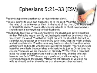 Ephesians 5:21–33 (ESV)
21 submitting to one another out of reverence for Christ.
22 Wives, submit to your own husbands, as to the Lord. 23 For the husband is
the head of the wife even as Christ is the head of the church, his body, and
is himself its Savior. 24 Now as the church submits to Christ, so also wives
should submit in everything to their husbands.
25 Husbands, love your wives, as Christ loved the church and gave himself up
for her, 26 that he might sanctify her, having cleansed her by the washing of
water with the word, 27 so that he might present the church to himself in
splendor, without spot or wrinkle or any such thing, that she might be holy
and without blemish. 28 In the same way husbands should love their wives
as their own bodies. He who loves his wife loves himself. 29 For no one ever
hated his own flesh, but nourishes and cherishes it, just as Christ does the
church, 30 because we are members of his body. 31 “Therefore a man shall
leave his father and mother and hold fast to his wife, and the two shall
become one flesh.” 32 This mystery is profound, and I am saying that it
refers to Christ and the church. 33 However, let each one of you love his
wife as himself, and let the wife see that she respects her husband.
 