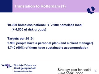 Translation to Rotterdam (1)



10.000 homeless national  2.900 homeless local
   (+ 4.500 of risk groups)

Targets per 2010:
2.900 people have a personal plan (and a client manager)
1.740 (60%) of them have sustainable accommodation




                                Strategy plan for social   13
 