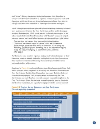 and “never”). Eighty-six percent of the teachers said that they often or
always used the Core Curriculum to organize and develop course units and
classroom activities. Seven out of ten teachers reported that they often or
always used the Core Curriculum to “redesign assessment strategies.”


These findings are consistent with our qualitative research as many teachers
were positive overall about the Core Curriculum and its ability to engage
students. For example, a fifth grade teacher explained that the goal of her
school was to follow the Core Curriculum with “fidelity” because it helped
teachers stay on track and helped students achieve proficiency. She stated,
  This year that just passed, [our goal was] to follow the Core
  Curriculum because we began to believe that if we followed that
  grade through grade that kids would be proficient. If I’m doing my
  own thing, you’re doing your own thing, we’re not really following one
  thing, the kids are not going to reach their fullest potential.
  (May 2007)

Furthermore, some teachers reported making instructional changes in their
classroom based on specific strategies highlighted in the Core Curriculum.
They expressed confidence that using these strategies would result in
increased student achievement.


As shown in Figure 2.2, substantial majorities of teachers reported that their
school placed a strong emphasis on achieving the standards outlined in the
Core Curriculum, that the Core Curriculum was clear, that they believed
that they were engaging their students when implementing the Core
Curriculum, and that they had received adequate support to implement the
Core Curriculum. Given the teachers’ generally positive reports about the
clarity of the curriculum, its capacity to engage students, and the support

Figure 2.2 Teacher Survey Responses on Core Curriculum:
Percent reporting agreement
   0%         10%        20%        30%       40%        50%       60%         70%        80%         90%   100%

School has emphasized achieving proficiency standards in the Core Curriculum (n=1510)          90%.


The core curriculum is clear (n=1525)                                                   82%.


Teacher believes he/she can engage students with Core Curriculum (n=1505)     76%.


Teacher reports adequate support to implement Core Curriculum (n=1515 )     73%.


Most students will meet standards (n=1515) 44%.

          *Number of respondents to each question appears in parentheses.

                                                                                                                   19
 