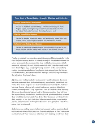 Three Kinds of Sense-Making: Strategic, Affective, and Reflective

   Strategic Sense-Making: Most Common

     Focuses on short-term tactics that help a school reach its Adequate Yearly
     Progress targets, including having conversations about students who have
     the highest likelihood of moving to the next performance level.

   Affective Sense-Making: Common

     Focuses on teachers’ professional agency and responsibility, beliefs about their
     students, desire to encourage one another, and motivate their students.

   Reflective Sense-Making: Least Common

     Focuses on questioning and evaluating the instructional practices used in the
     school and what teachers need to learn in order to help students succeed.




Finally, in strategic conversations, practitioners used Benchmarks for evalu-
ative purposes as they worked to identify strengths and weaknesses that cut
across grades and classrooms so that they could allocate resources (staff,
materials, and time) in ways that increased the odds that the school would
meet its AYP goal (e.g., assigning “strong” teachers to the accountability
grades, purchasing calculators, lengthening instructional time for literacy
and mathematics). In our observations, strategic sense-making dominated
the talk about Benchmark data.


Affective sense-making included instances in which leaders and classroom
teachers addressed their professional agency, their beliefs about their stu-
dents, their moral purpose, and their collective responsibility for students’
learning. During affective talk, school leaders and teachers offered one
another encouragement. They expressed a “can do” attitude, often relating
this sense of professional agency back to the pressures that they felt from
the accountability environment. In affective talk, practitioners also affirmed
their belief that their students “can do it.” They discussed how to motivate
their students to put forth their best effort on standardized exams and in
general. Affective sense-making was the second most prevalent kind of dis-
course that we observed.


Reflective sense-making occured when teachers and leaders questioned and
evaluated the instructional practices that they employed in their classrooms
and their school. They connected what they were learning about what their



                                                                                        47
 