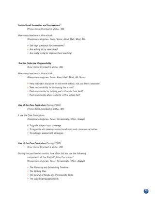 Instructional Innovation and Improvement
         (Three items; Cronbach’s alpha: .90)

How many teachers in this school:
         (Response categories: None, Some, About Half, Most, All)

         • Set high standards for themselves?
         • Are willing to try new ideas?
         • Are really trying to improve their teaching?



Teacher Collective Responsibility
         (Four items; Cronbach’s alpha: .86)

How many teachers in this school:
         (Response categories: Some, About Half, Most, All, None)

         • Help maintain discipline in the entire school, not just their classroom?
         • Take responsibility for improving the school?
         • Feel responsible for helping each other do their best?
         • Feel responsible when students in this school fail?



Use of the Core Curriculum (Spring 2006)
         (Three items; Cronbach’s alpha: .89)

I use the Core Curriculum:
         (Response categories: Never, Occasionally, Often, Always)

         • To guide subject/topic coverage
         • To organize and develop instructional units and classroom activities
         • To redesign assessment strategies



Use of the Core Curriculum (Spring 2007)
         (Four items; Cronbach’s alpha: .89)

During the past twelve months, how often did you use the following
         components of the District’s Core Curriculum?
         (Response categories: Never, Occasionally, Often, Always)

         • The Planning and Scheduling Timeline
         • The Writing Plan
         • The Course of Study and Prerequisite Skills
         • The Coordinating Documents




                                                                                      79
 