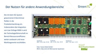 Der Nutzen für andere Anwendungsbereiche

Die mit dem ISC-System
gewonnenen Erkenntnisse
fließen in die
Produktentwicklung ein.
Insbesondere die Integration
von Low-Voltage-RAM in wird
die Technologieführerschaft im
Bereich Ressourceneffizienz
weiter ausbauen und neue
                                 Quadcore                Dualcore                Singlecore
                                 idle: 15 W, max. 55 W   idle: 15 W, max. 25 W   idle: 7 W, max: 11 W
Marktsegmente erschließen.

                                 Foto: Future Data Center:
                                 RECS | Box Unit mit Microserver-Systemen
 