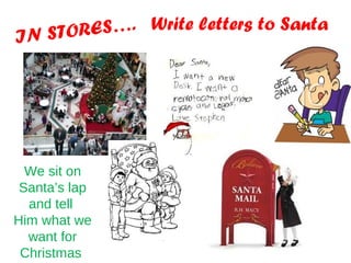 Write letters to Santa
We sit on
Santa’s lap
and tell
Him what we
want for
Christmas
IN STORES….
 