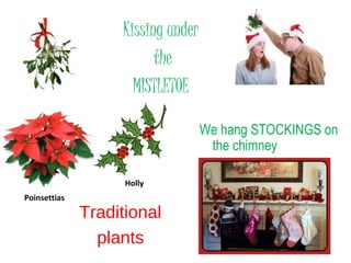 Kissing under
the
MISTLETOE
Traditional
plants
Poinsettias
We hang STOCKINGS on
the chimney
Holly
 