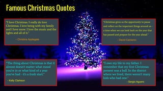 Famous Christmas Quotes
“The thing about Christmas is that it
almost doesn't matter what mood
you're in or what kind of a year
you've had - it's a fresh start.”
- Kelly Clarkson
“I love Christmas. I really do love
Christmas. I love being with my family
and I love snow. I love the music and the
lights and all of it.”
“I owe my life to my father. I
remember that my first Christmas
present was a ball. In the district
where we lived, there weren't many
kids who had one.”
“Christmas gives us the opportunity to pause
and reflect on the important things around us -
a time when we can look back on the year that
has passed and prepare for the year ahead.”
- Sergio Aguero
- David Cameron- Christina Applegate
 