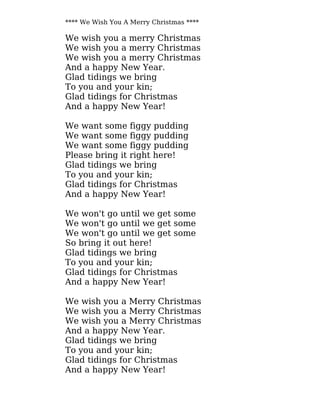 **** We Wish You A Merry Christmas ****
We wish you a merry Christmas
We wish you a merry Christmas
We wish you a merry Christmas
And a happy New Year.
Glad tidings we bring
To you and your kin;
Glad tidings for Christmas
And a happy New Year!
We want some figgy pudding
We want some figgy pudding
We want some figgy pudding
Please bring it right here!
Glad tidings we bring
To you and your kin;
Glad tidings for Christmas
And a happy New Year!
We won't go until we get some
We won't go until we get some
We won't go until we get some
So bring it out here!
Glad tidings we bring
To you and your kin;
Glad tidings for Christmas
And a happy New Year!
We wish you a Merry Christmas
We wish you a Merry Christmas
We wish you a Merry Christmas
And a happy New Year.
Glad tidings we bring
To you and your kin;
Glad tidings for Christmas
And a happy New Year!
 
